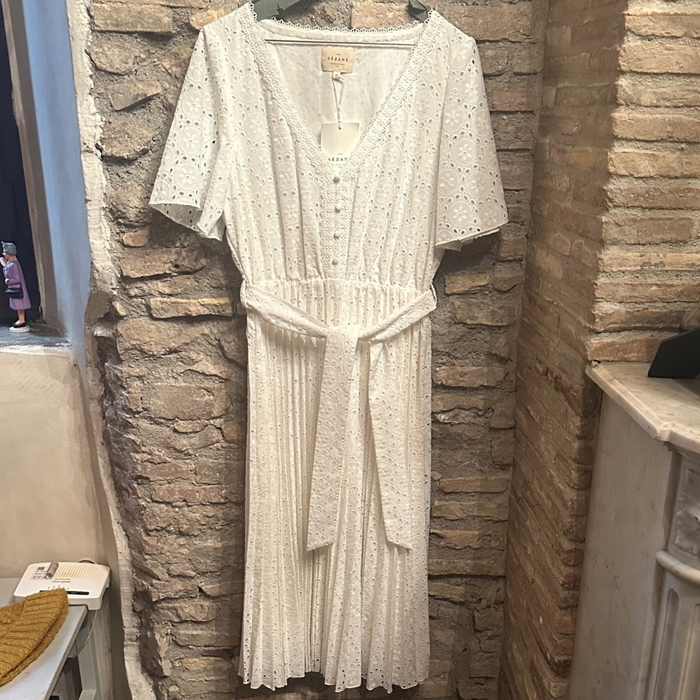 Sezane Elegant White Midi Eyelet Dress